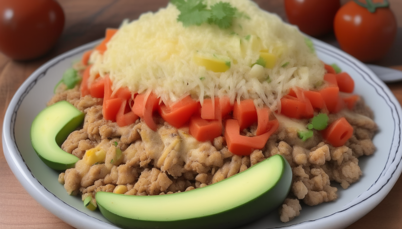 Finished ground turkey and rice mixture topped with cheese, tomatoes and avocado