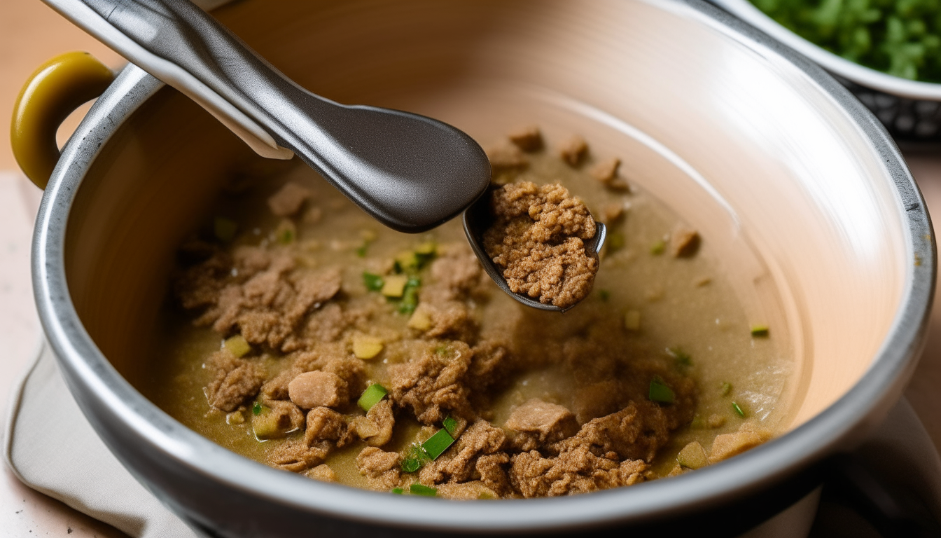 Instant Pot on sauté mode browning ground turkey in olive oil with a spoon stirring