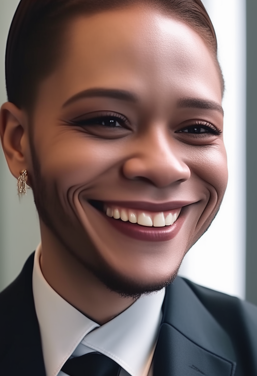 A close-up of the person in the suit smiling