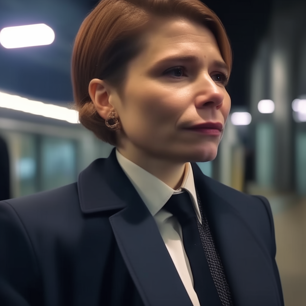 A close up of a man wearing a suit, standing alone at a train station at night, lost in thought