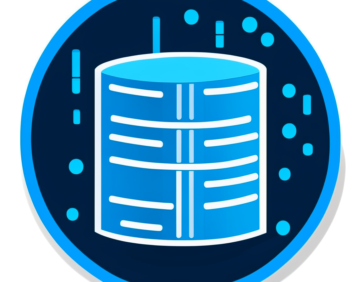 A stylized database icon with electric blue circles and rectangles