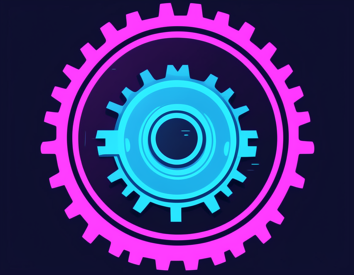 A stylized settings gear icon with electric blue circles and magenta lines