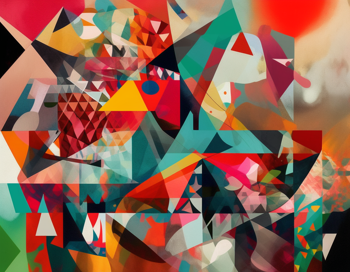 Geometric forms overlap in a colorful collage.