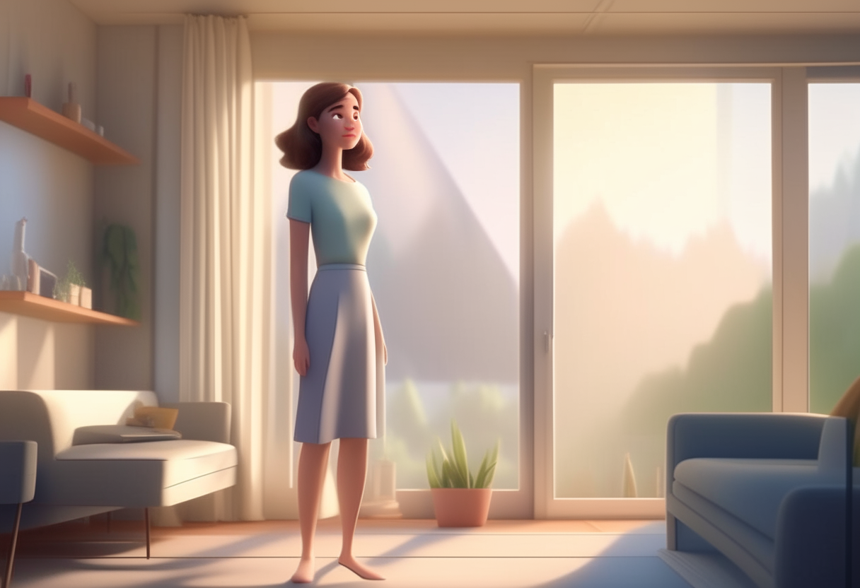 full body portrait of a modern, strong and caring woman with brown hair falling softly over her shoulders, her gaze reflecting wisdom and affection as she smiles, standing inside a modern living room with a landscape view visible through windows, 3d pixar and disney animation style