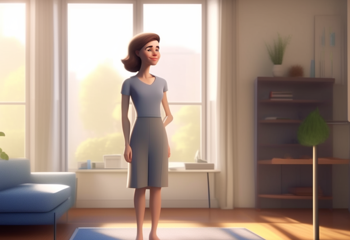 full body portrait of a modern, strong and caring woman with brown hair falling softly over her shoulders, her gaze reflecting wisdom and affection as she smiles, standing inside a modern living room with a landscape view visible through windows, 16:9 aspect ratio, 3d pixar and disney animation style