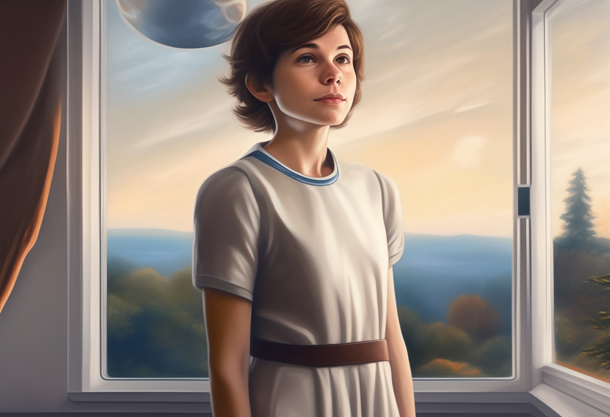 Full body portrait of a modern, strong and caring woman with brown hair falling softly over her shoulders, her gaze reflecting wisdom and affection as she smiles, standing inside a modern living room with a landscape view visible through windows, 16:9 aspect ratio, in the style of the 'Tico astronaut' painting