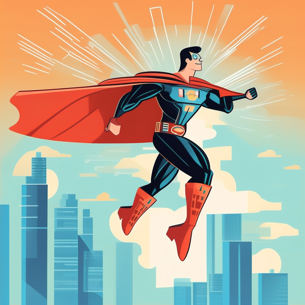 A superhero with a computer processor for a head and circuits for muscles, wearing a cape and tights with a big A on the chest, flying through the sky to save the day