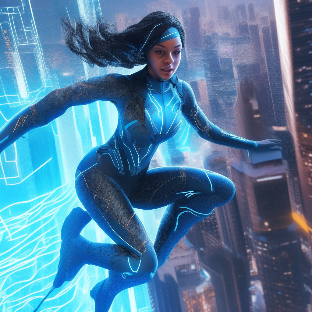 A female AI superhero flying through a digital cityscape, her circuits glowing blue as she saves data from a crashing server