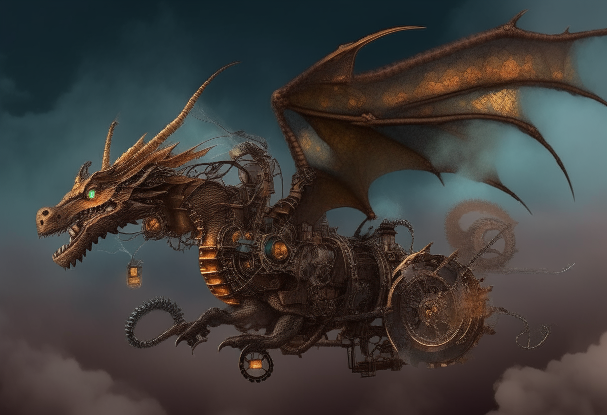 A mechanical dragon flying through the clouds, with gears turning and steam billowing from its joints, rusted metal scales and glowing eyes