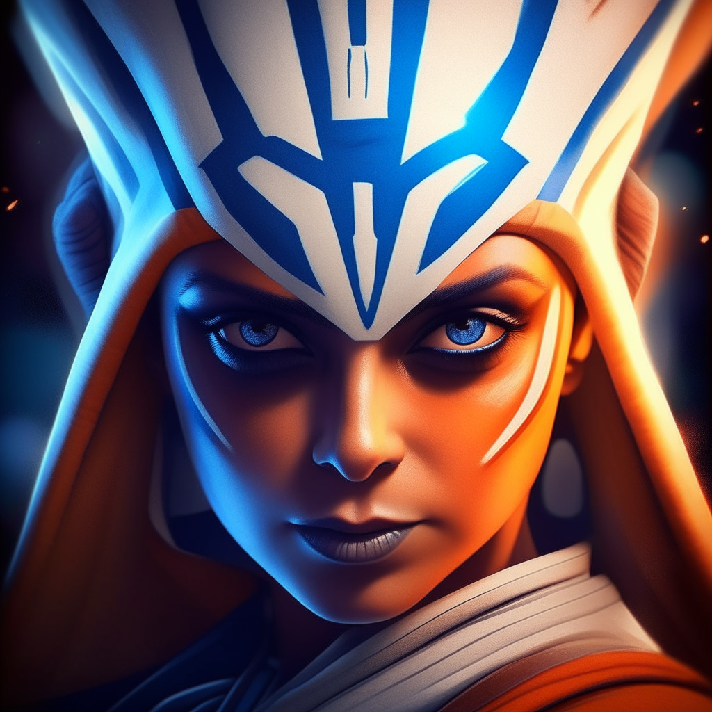 Headshot portrait of Ahsoka Tano from Star Wars, detailed montrals and lekku, intense blue eyes, orange skin tone, photorealistic style