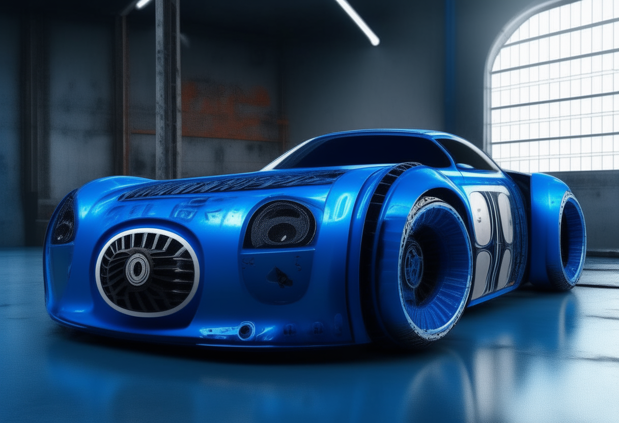 A futuristic sports car painted electric blue with circular details and antennas, inspired by the R2-D2 droid toy