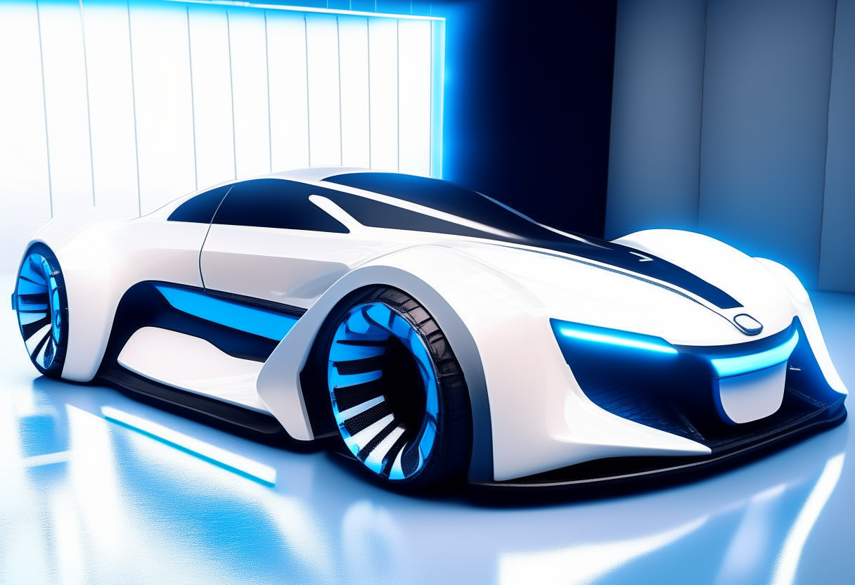 A sleek futuristic sports car painted mostly white with electric blue accents and details, taking design inspiration from the R2-D2 droid toy