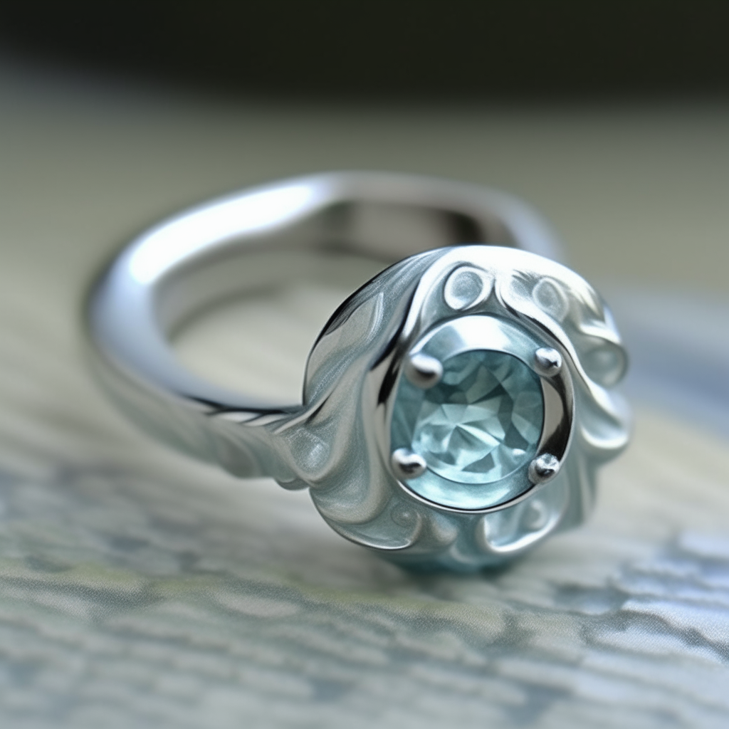 a silver ring set with a perfectly round aquamarine, waves and ripples swirling within the gem