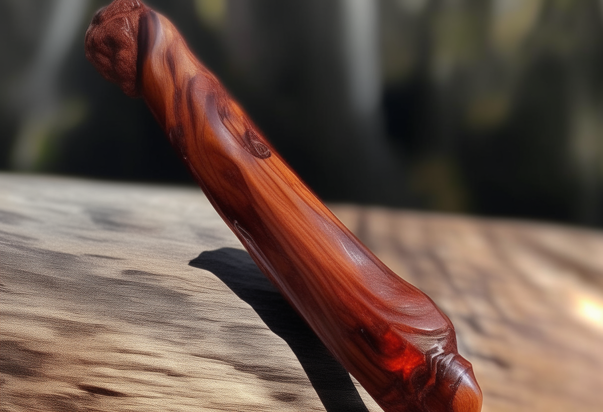 a polished redwood wand tipped with dragonbone, wisps of flame dancing along the grooves