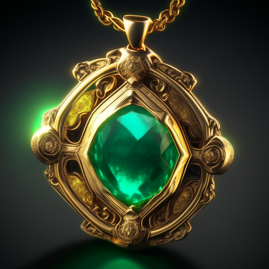 an ornate gold amulet with a large emerald in the center, glowing with protective magic