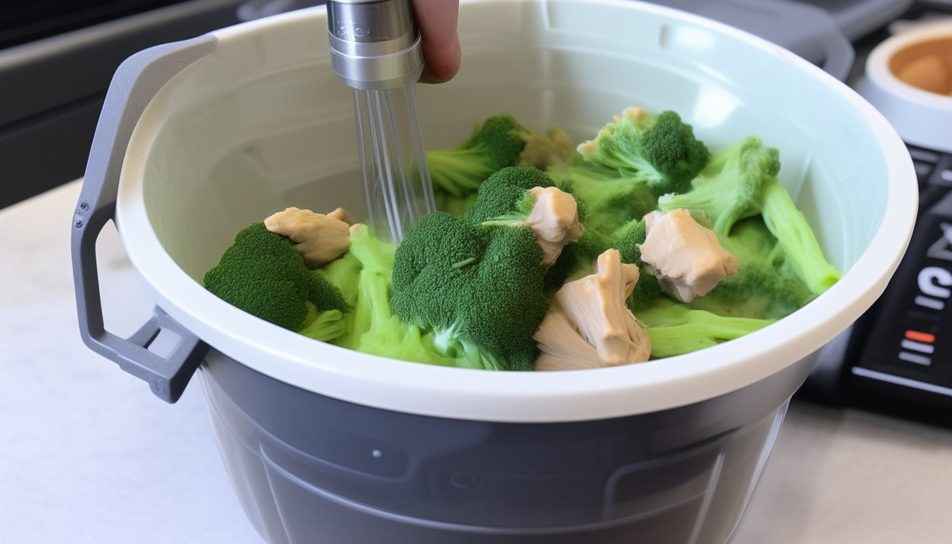 Chicken and broccoli added back into Instant Pot then sealed and set to Manual mode