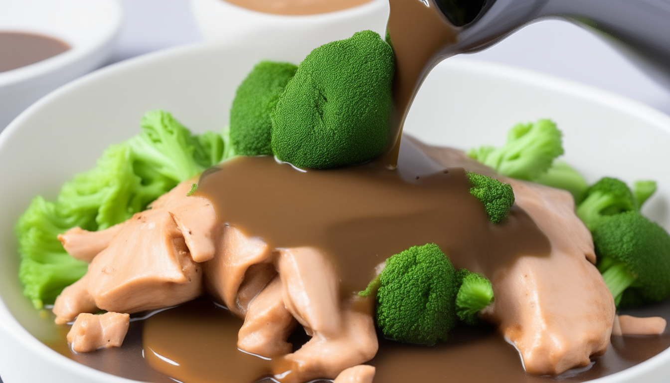 Thickened sauce from Instant Pot poured over cooked chicken and broccoli