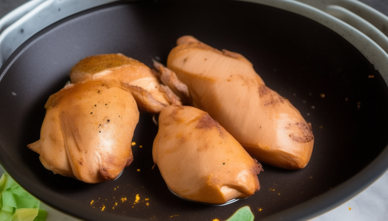 Pressure cooker cooking chicken breasts seasoned with spices