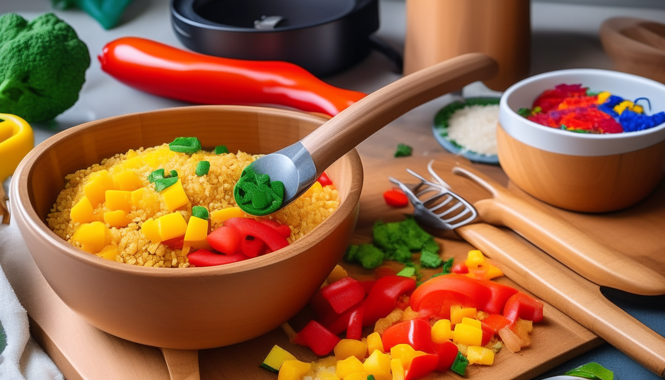 Cooked rice in a pot and colorful bell peppers being chopped on a cutting board