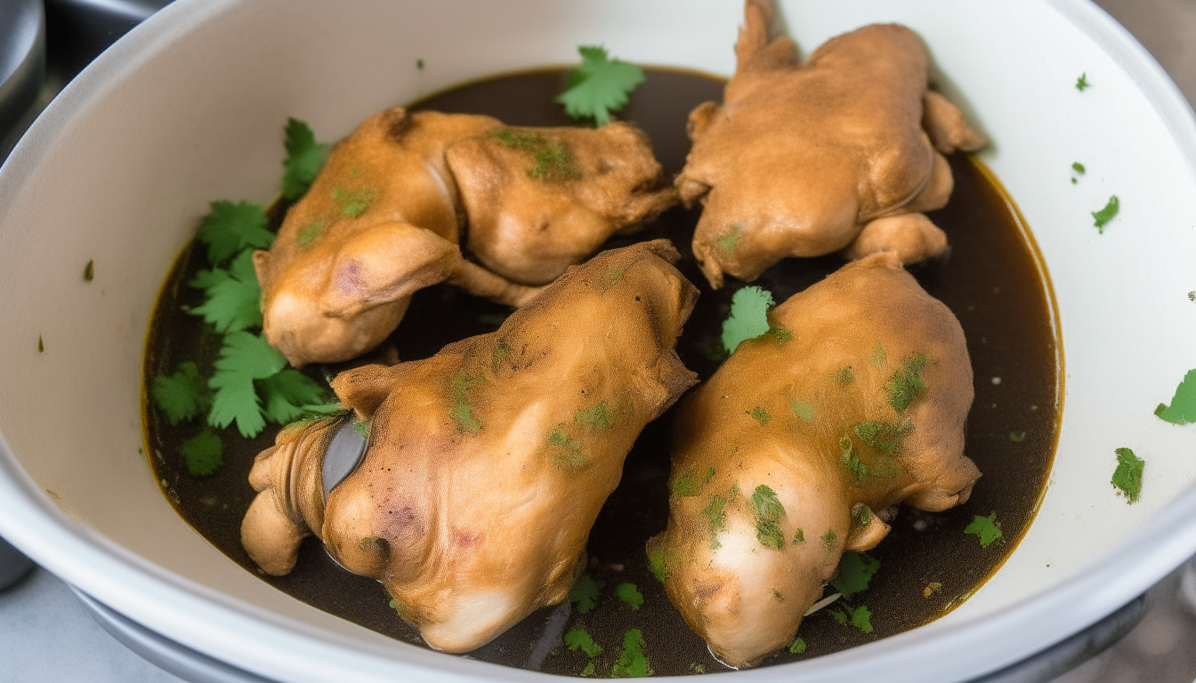 Pressure cooker cooking chicken seasoned with spices and cilantro