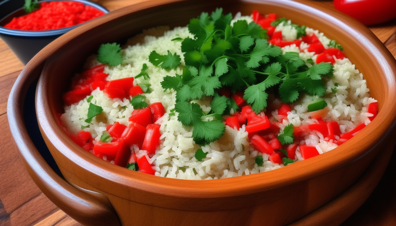 Cooked cilantro lime rice in a pot and red bell peppers chopped on a wooden board