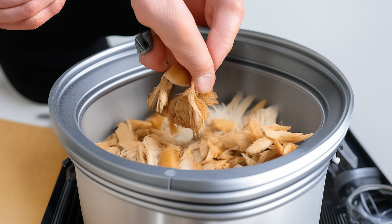 Hands shredding cooked chicken from pressure cooker using two forks