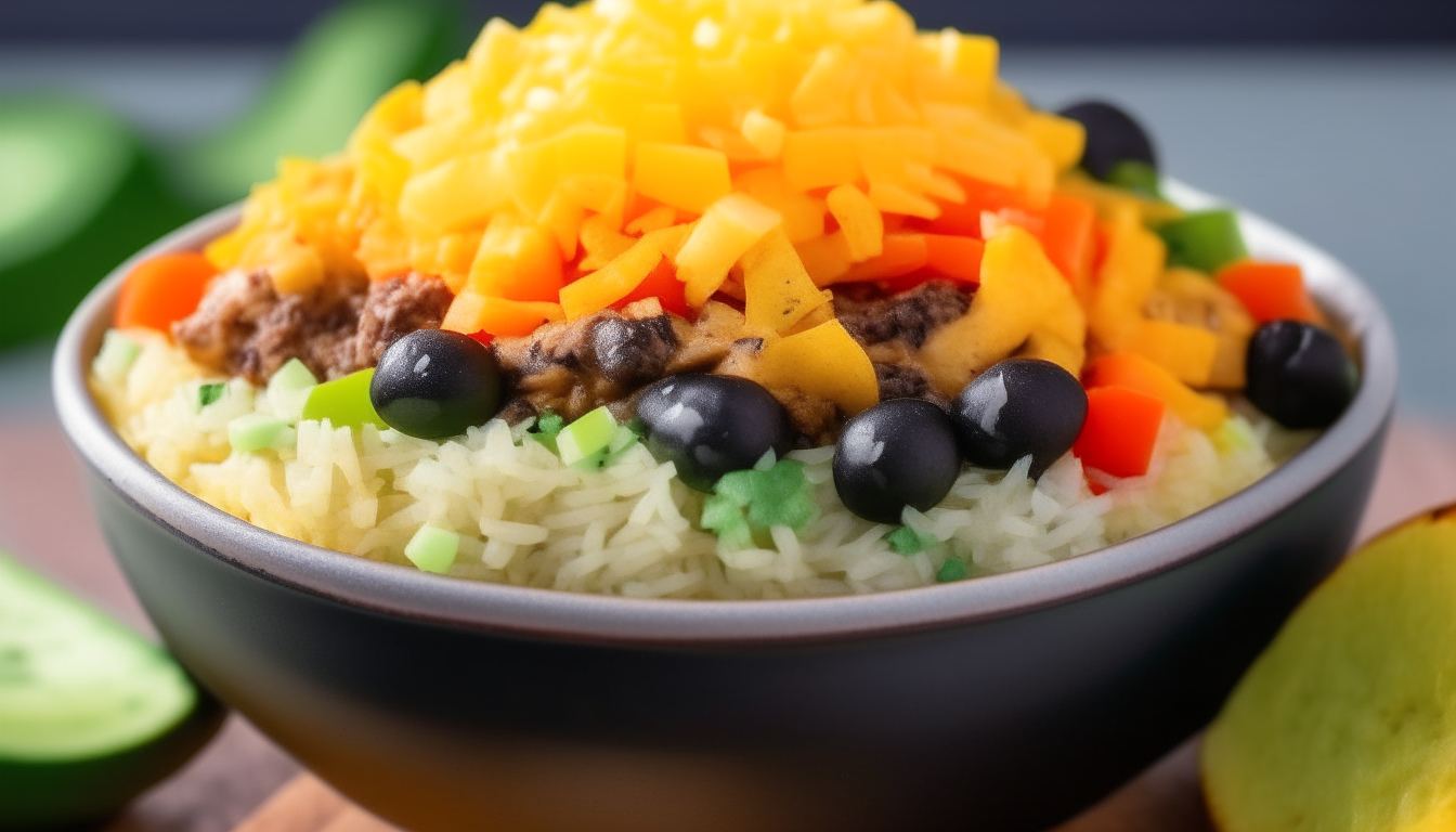 Bowl with layers of rice, chicken, peppers, black beans, topped with cheese and guacamole