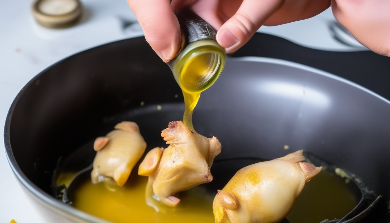 Pressure cooker browning chicken thighs in olive oil. Hands flipping chicken.