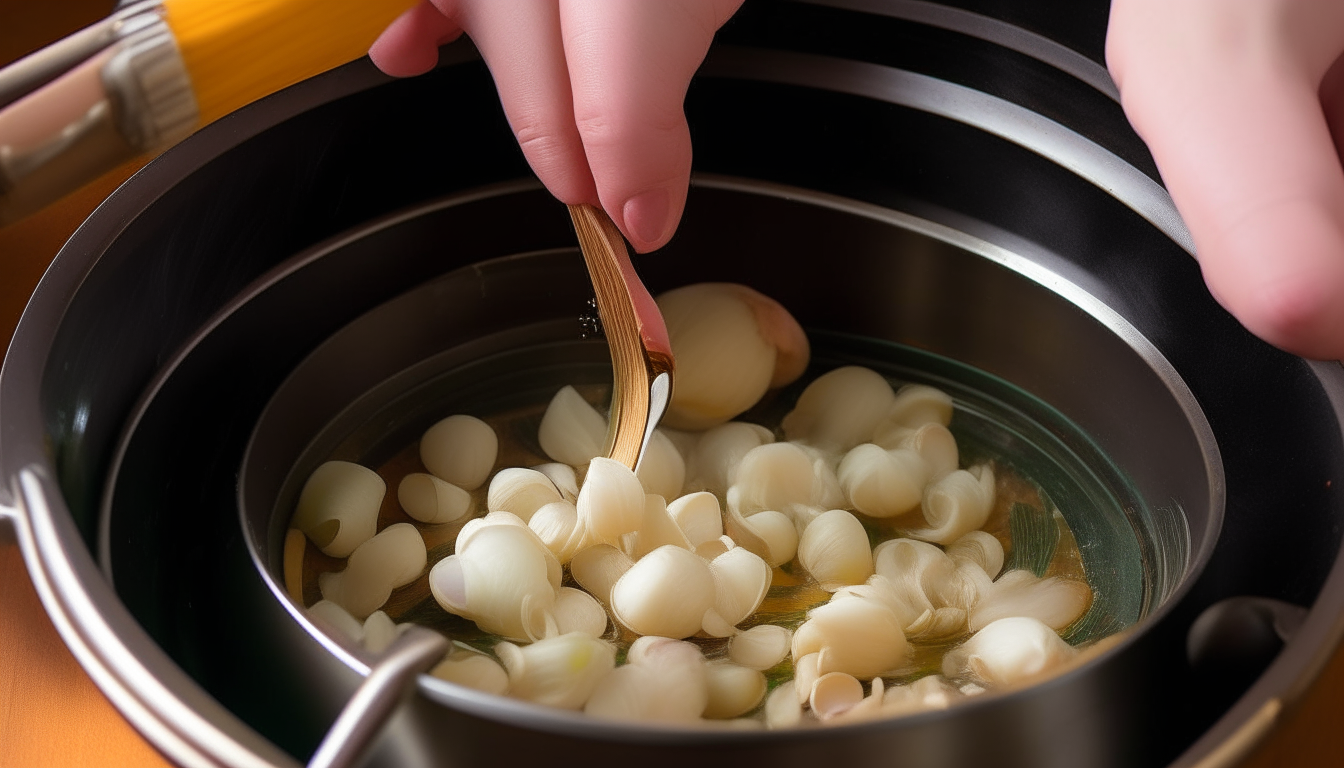 Onions and garlic sautéing in pressure cooker. Hands stirring aromatics.