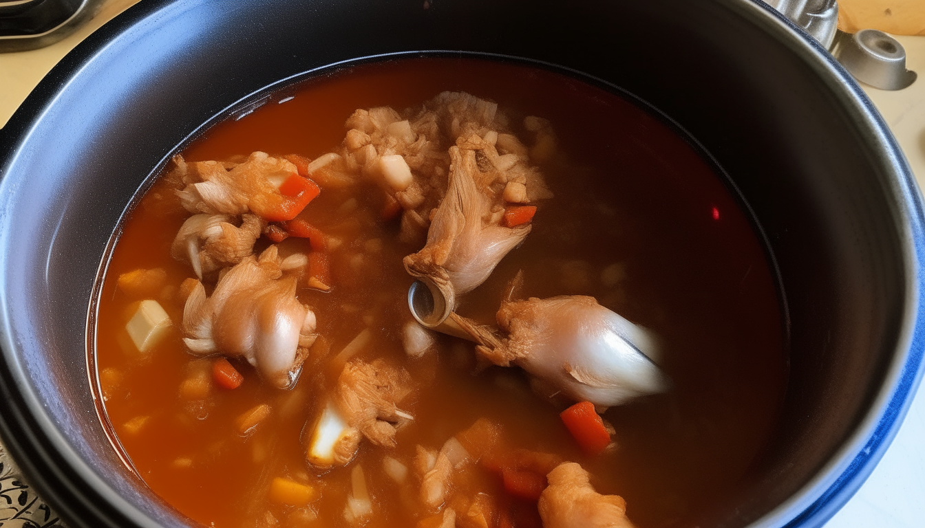 Paprika added to sautéed onions, garlic in pressure cooker. Chicken and broth poured in.