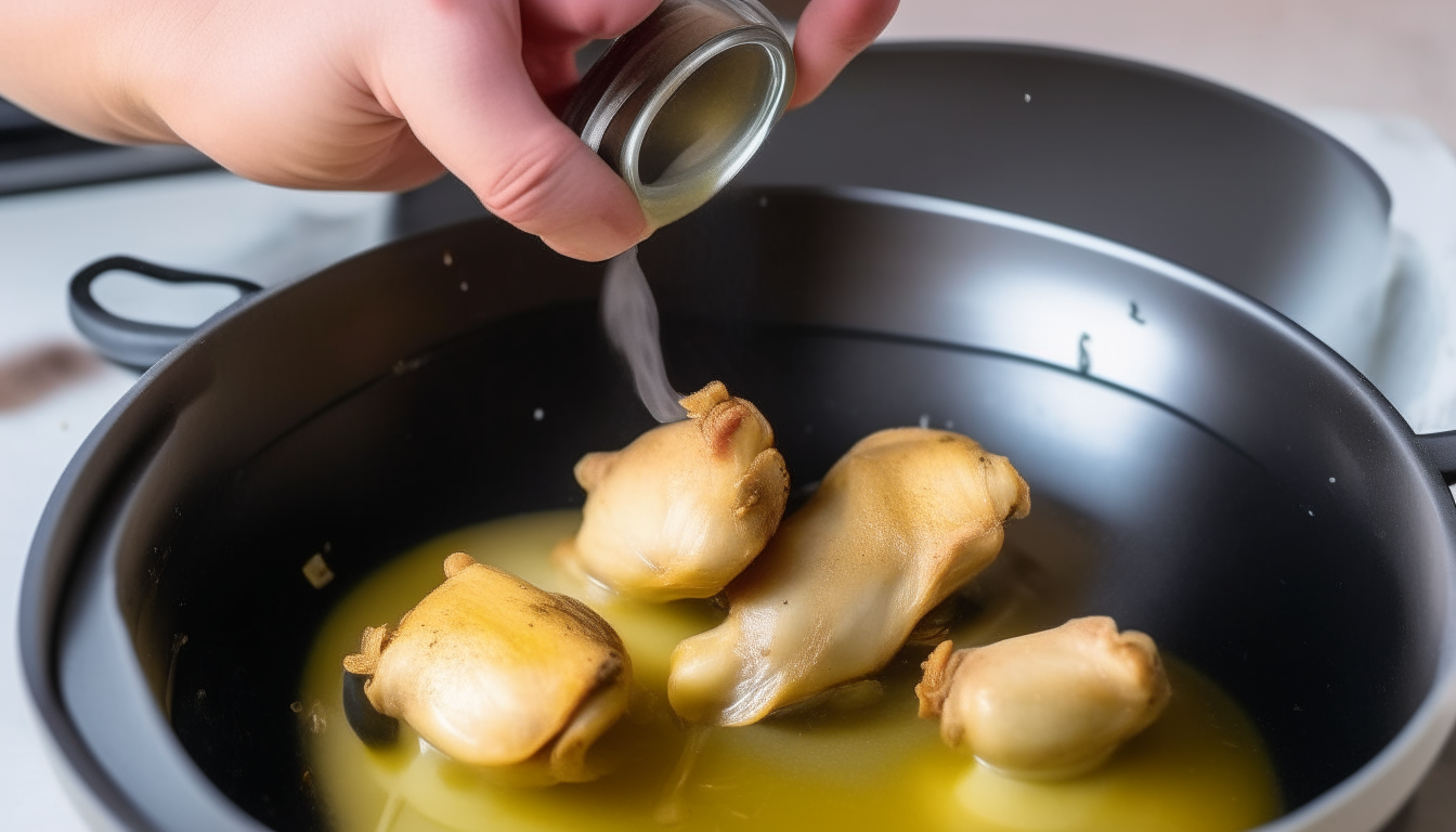 Pressure cooker browning chicken thighs in olive oil. Hands flipping to cook evenly.