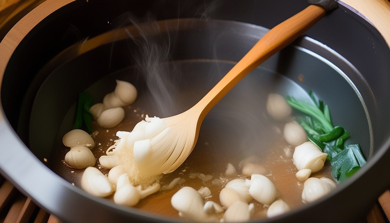 Onions, garlic sautéing in cooker. Wooden spoon stirring aromatics.