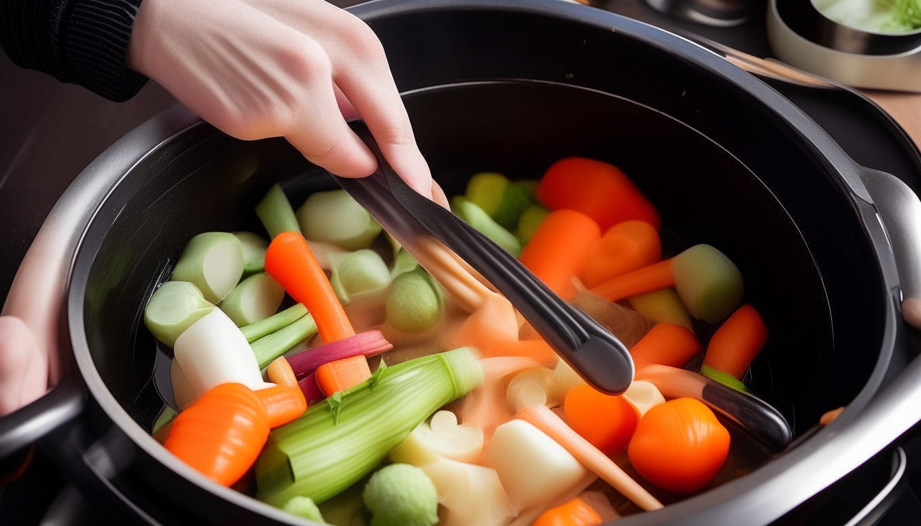 Pressure cooker sautéing onions, carrots, celery in olive oil. Hands stirring vegetables.