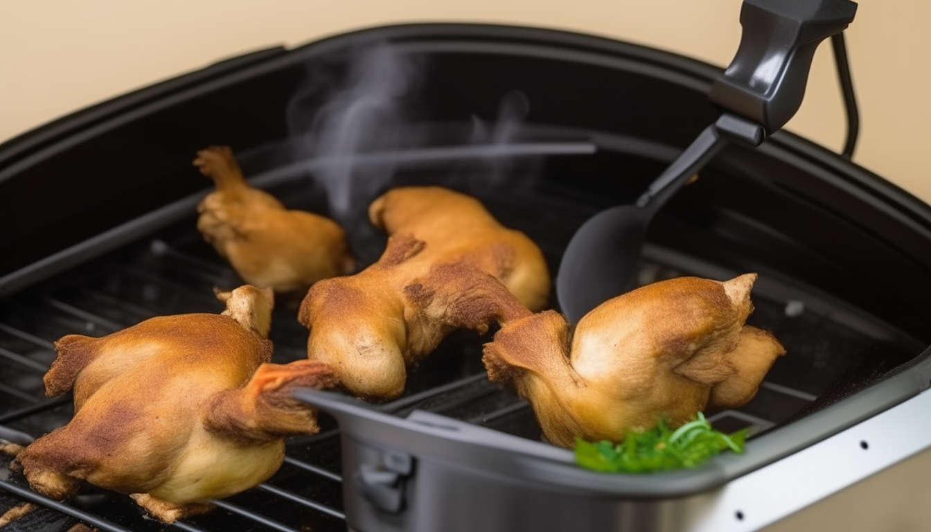 Browning chicken thighs with herbs in cooker. Tongs flipping chicken pieces.