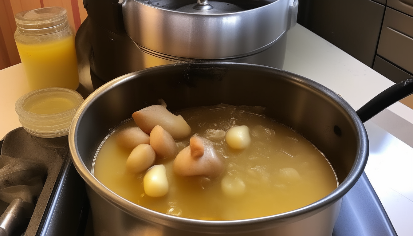 Chicken broth, potatoes added to cooker contents. Sealing and setting pressure cooker.