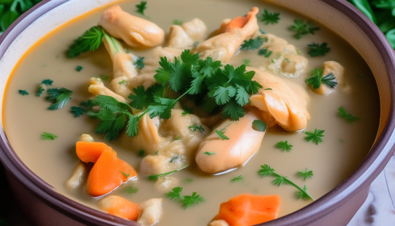 Thickening cooked chicken stew with flour mixture. Garnishing final dish with parsley.