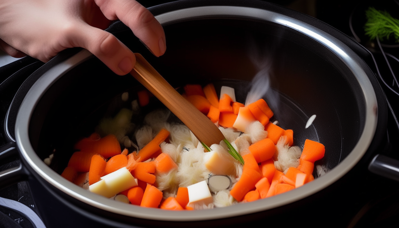 Sautéing aromatics in pressure cooker. Hands stirring onion, carrots, celery.