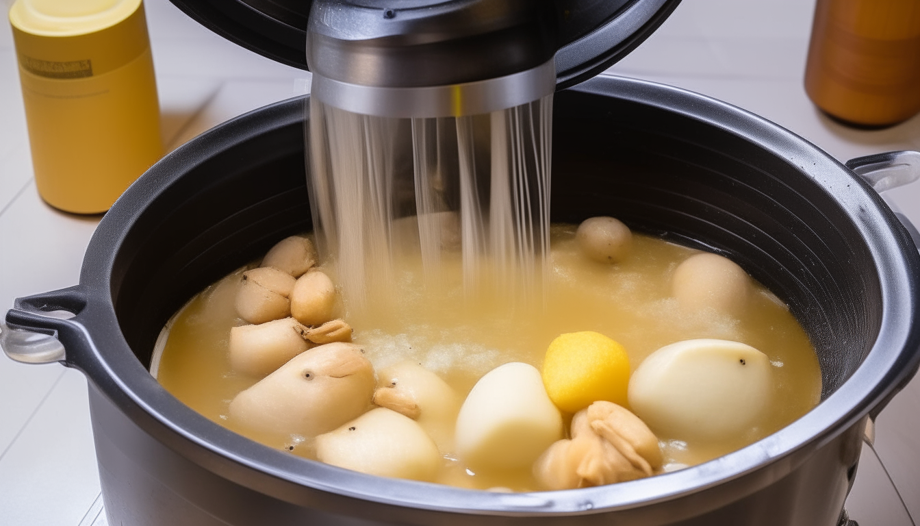 Adding chicken broth, potatoes to cooker contents. Sealing pressure cooker.