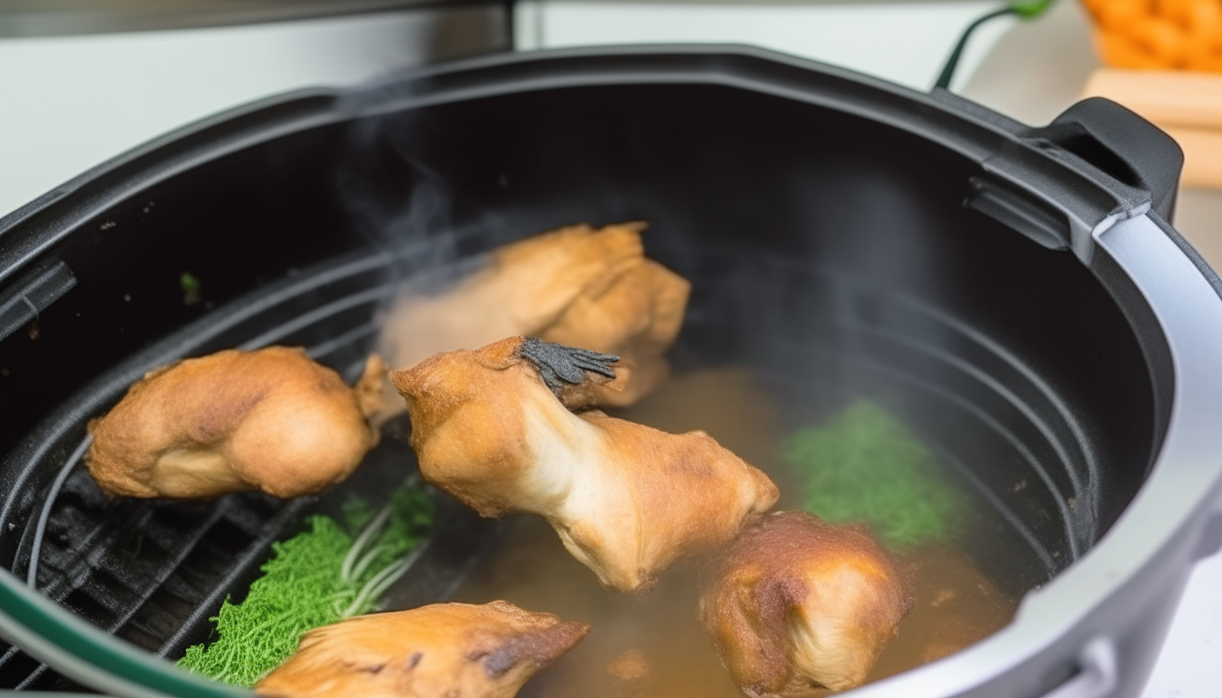 Browning chicken thighs with herbs in cooker. Flipping pieces with tongs.