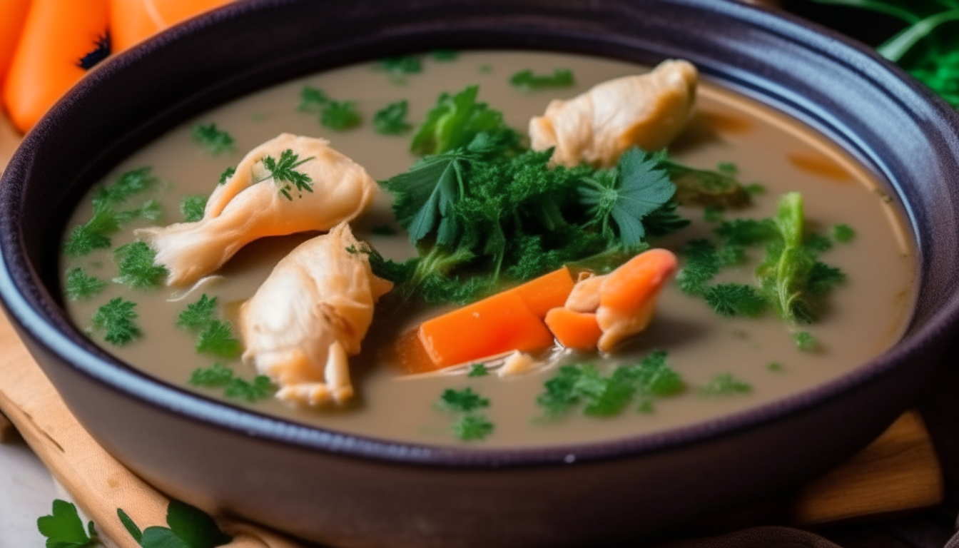 Thickening cooked chicken stew with flour. Garnishing bowl with parsley.