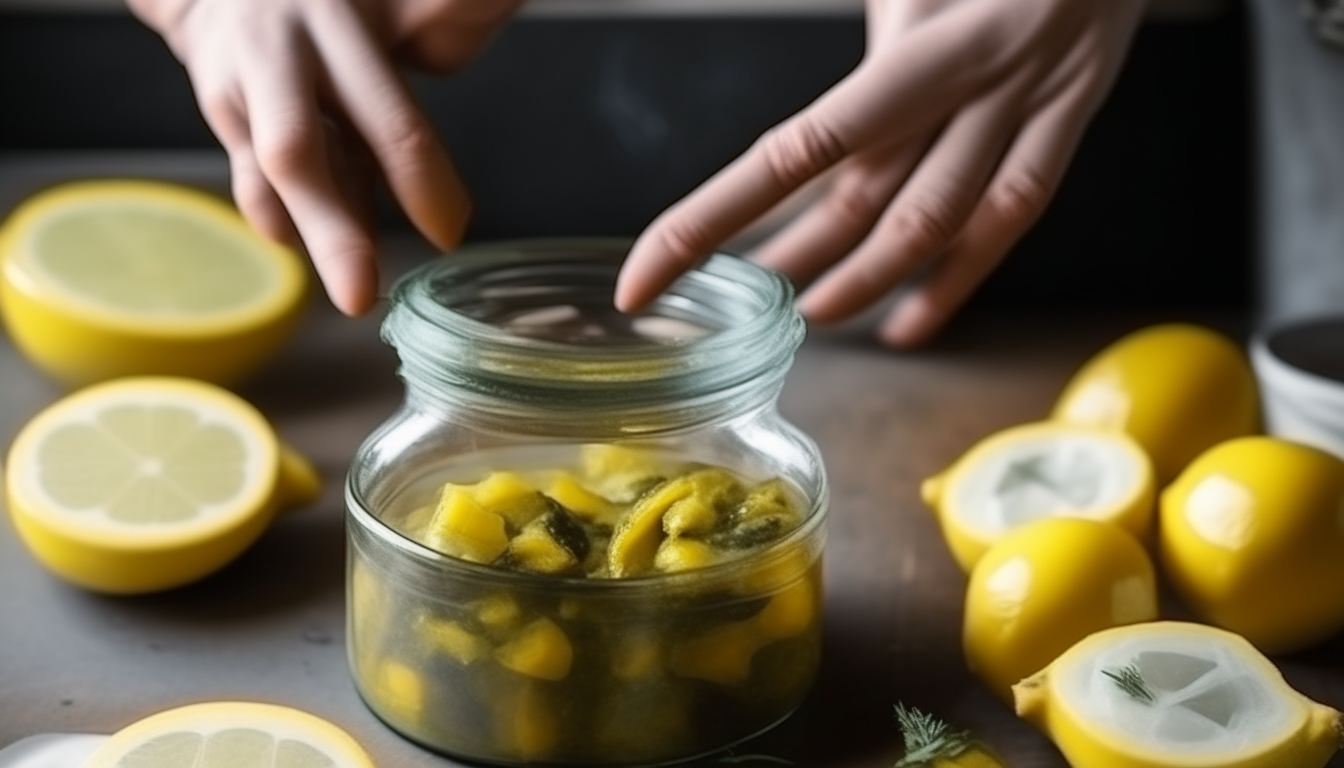 Marinating chicken thighs in olive oil, lemon, herbs. Hands mixing marinade.