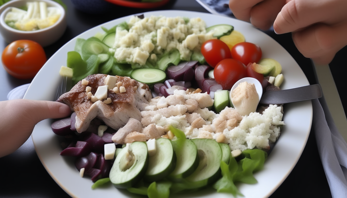 Assembling Greek salad. Plating dish of chicken, rice, salad.