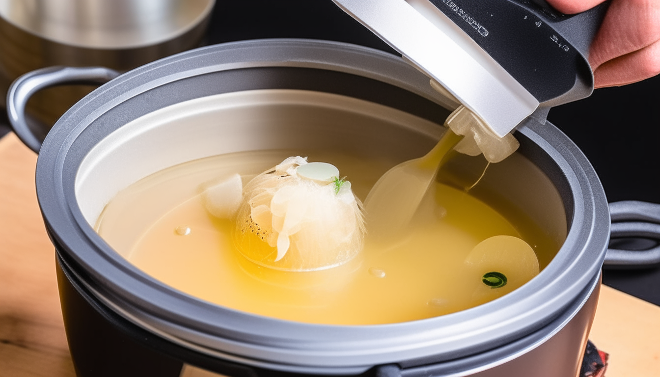 Adding chicken broth to Instant Pot contents. Sealing lid to pressure cook chicken.