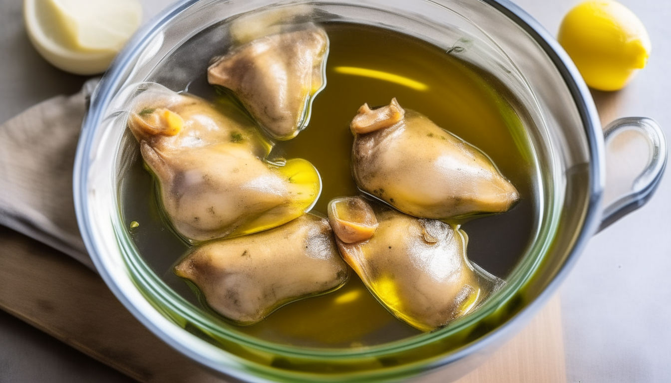 Chicken thighs marinating in a bowl with olive oil, lemon juice and herbs