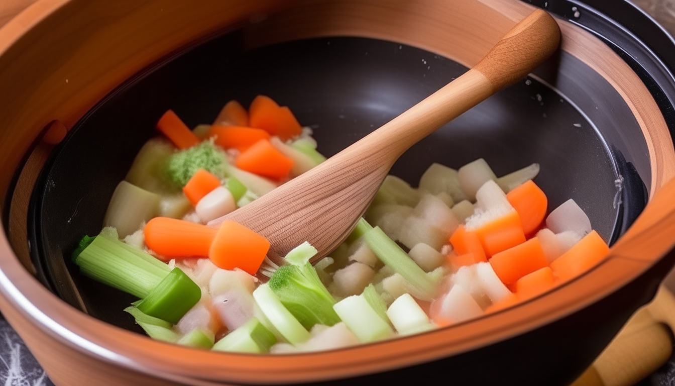 Sautéing onions, carrots, celery in pressure cooker. Wooden spoon stirring vegetables.