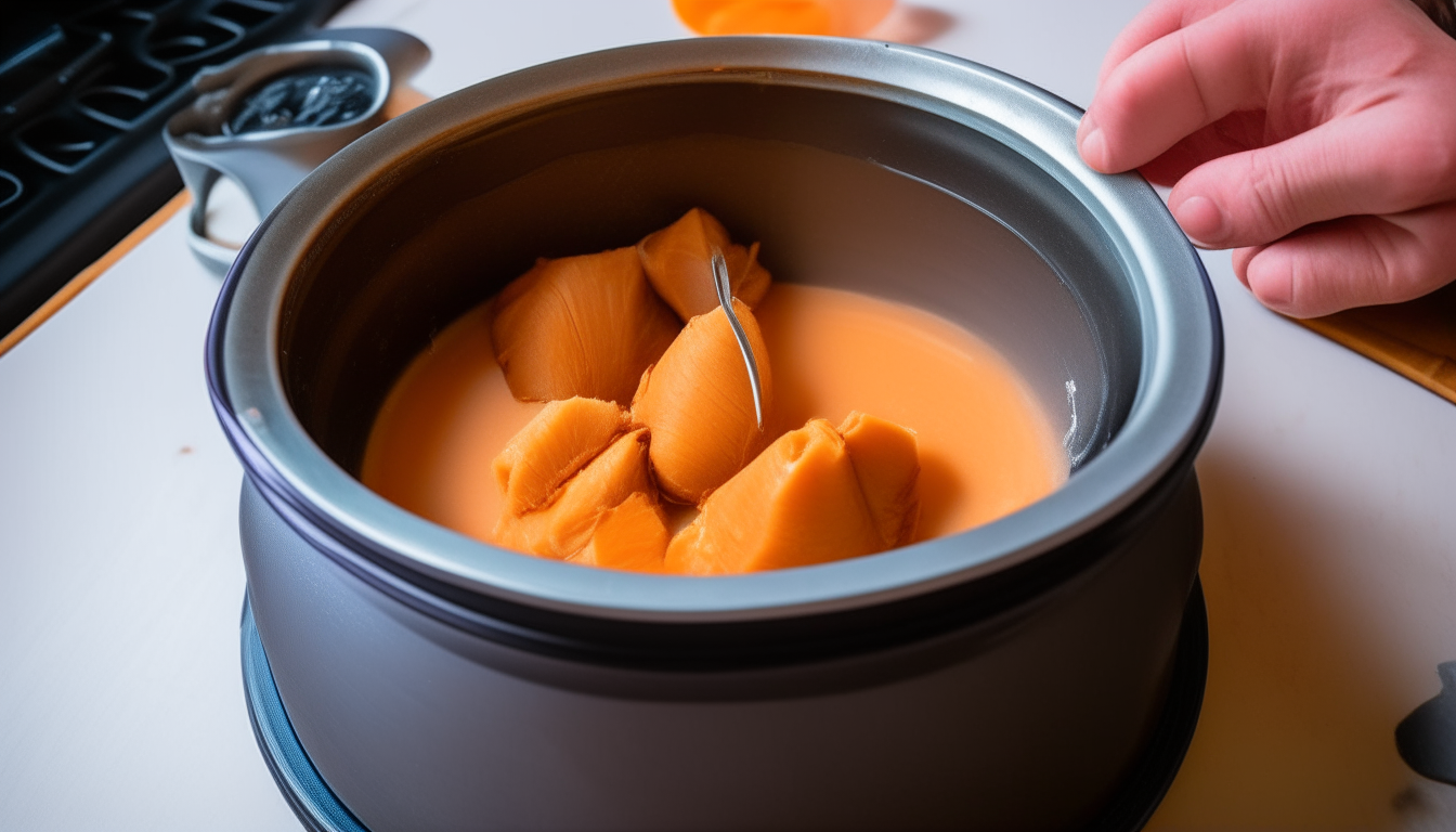 Sweet potatoes added to turkey in pressure cooker. Pouring in chicken broth and stirring.