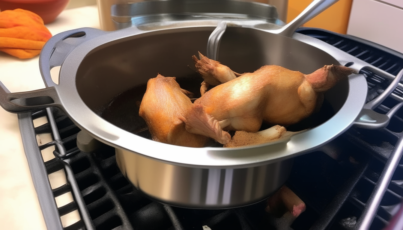 Browning turkey pieces in pressure cooker set to Sauté mode. Tongs used to flip and evenly brown meat.