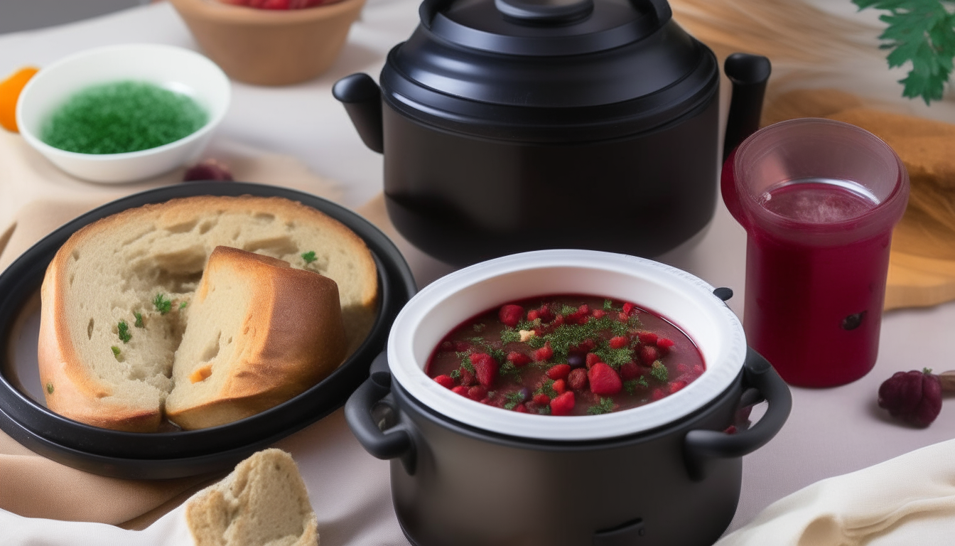 Sealed pressure cooker set to cook stew contents. Serving in bowls garnished with parsley, with cornbread and cranberry sauce.