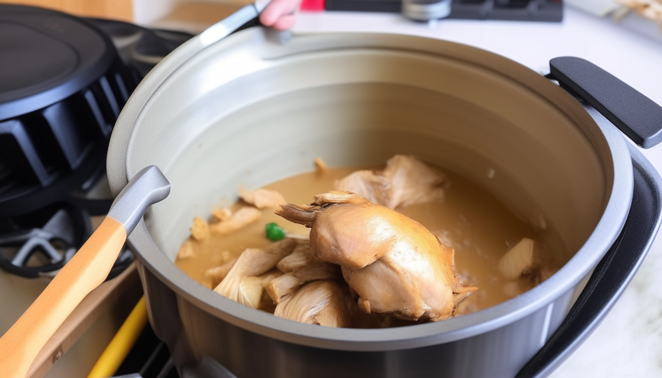 Browning turkey pieces in pressure cooker with wooden spoon stirring. Even browning.