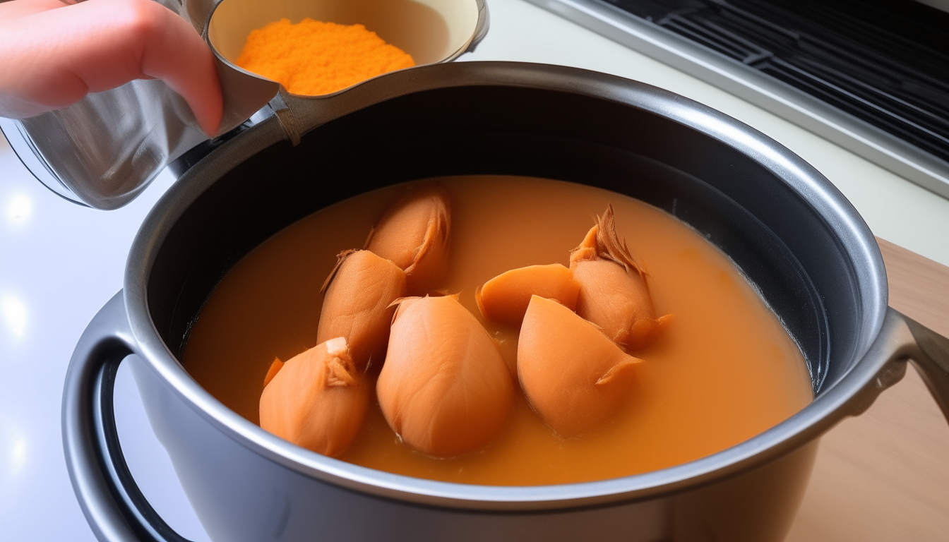 Sweet potatoes added to turkey in pressure cooker. Pouring in chicken broth.